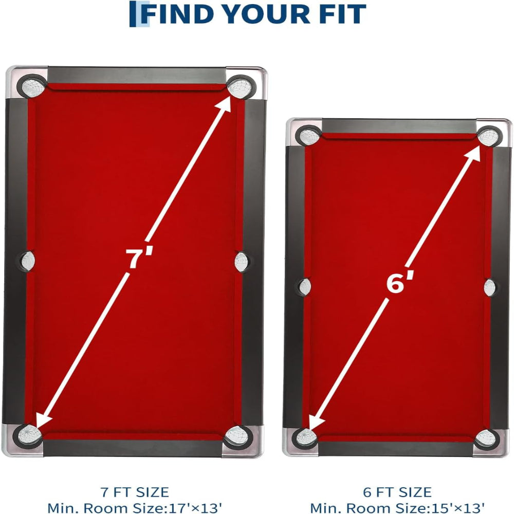 six-foot red foldable pool table with billiard balls, cues and accessories