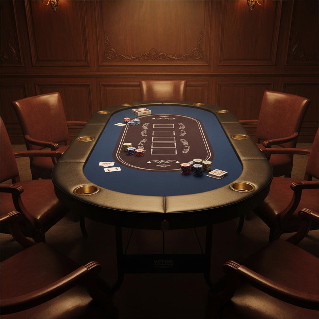 72-inch blue foldable poker table with padded rail and eight stainless-steel cupholders