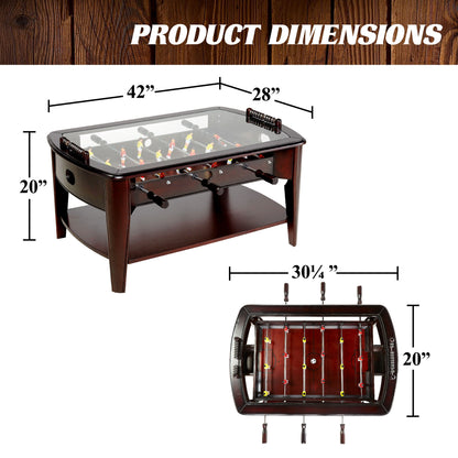 Barrington 42-inch brown foosball coffee table with tempered glass top and lower storage shelf
