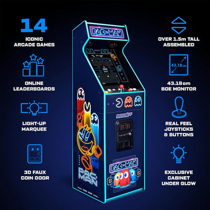 Arcade1Up PAC-MAN Deluxe Neon arcade machine with 17-inch screen and RGB lighting