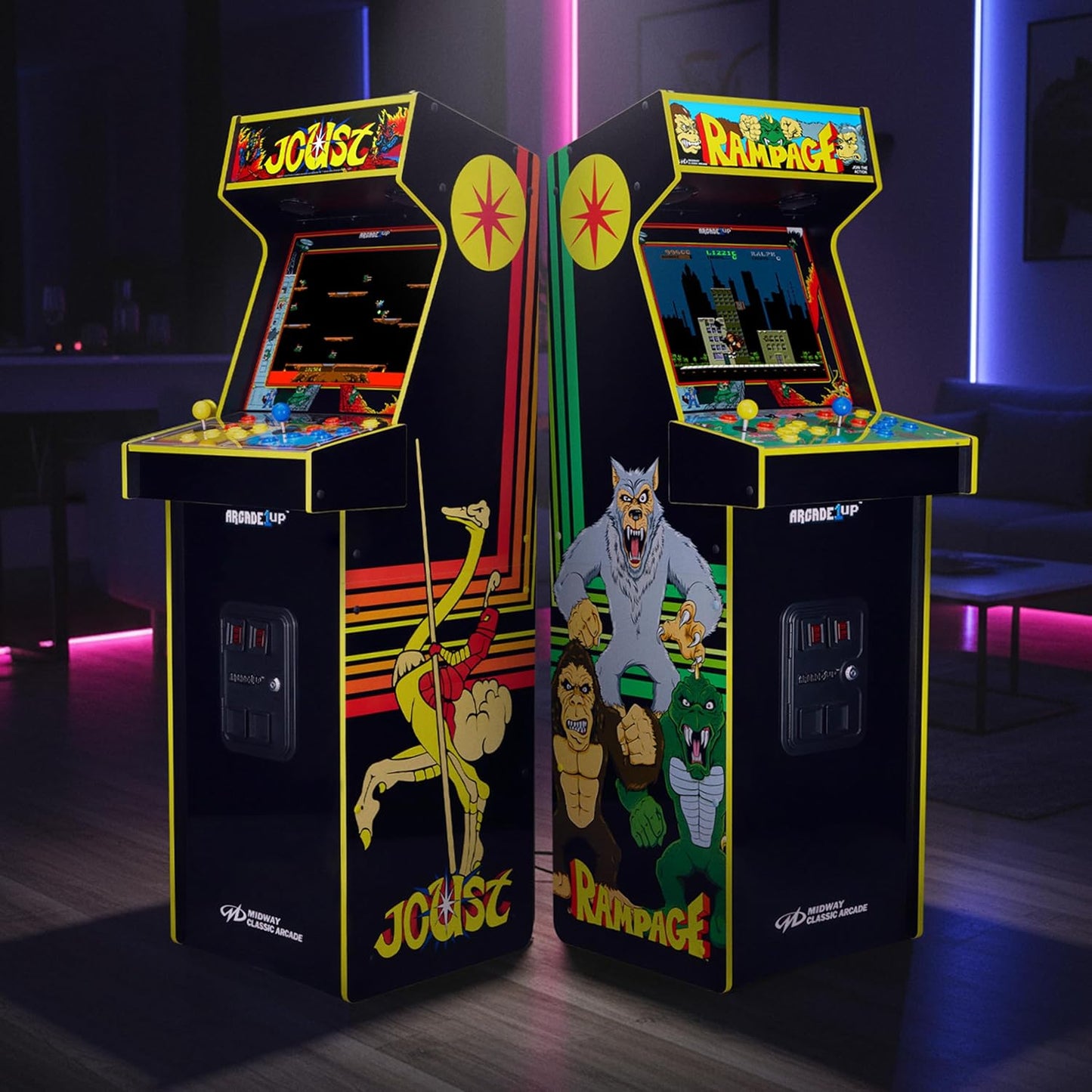 Arcade1Up Rampage and Joust Deluxe arcade machine with light-up marquee