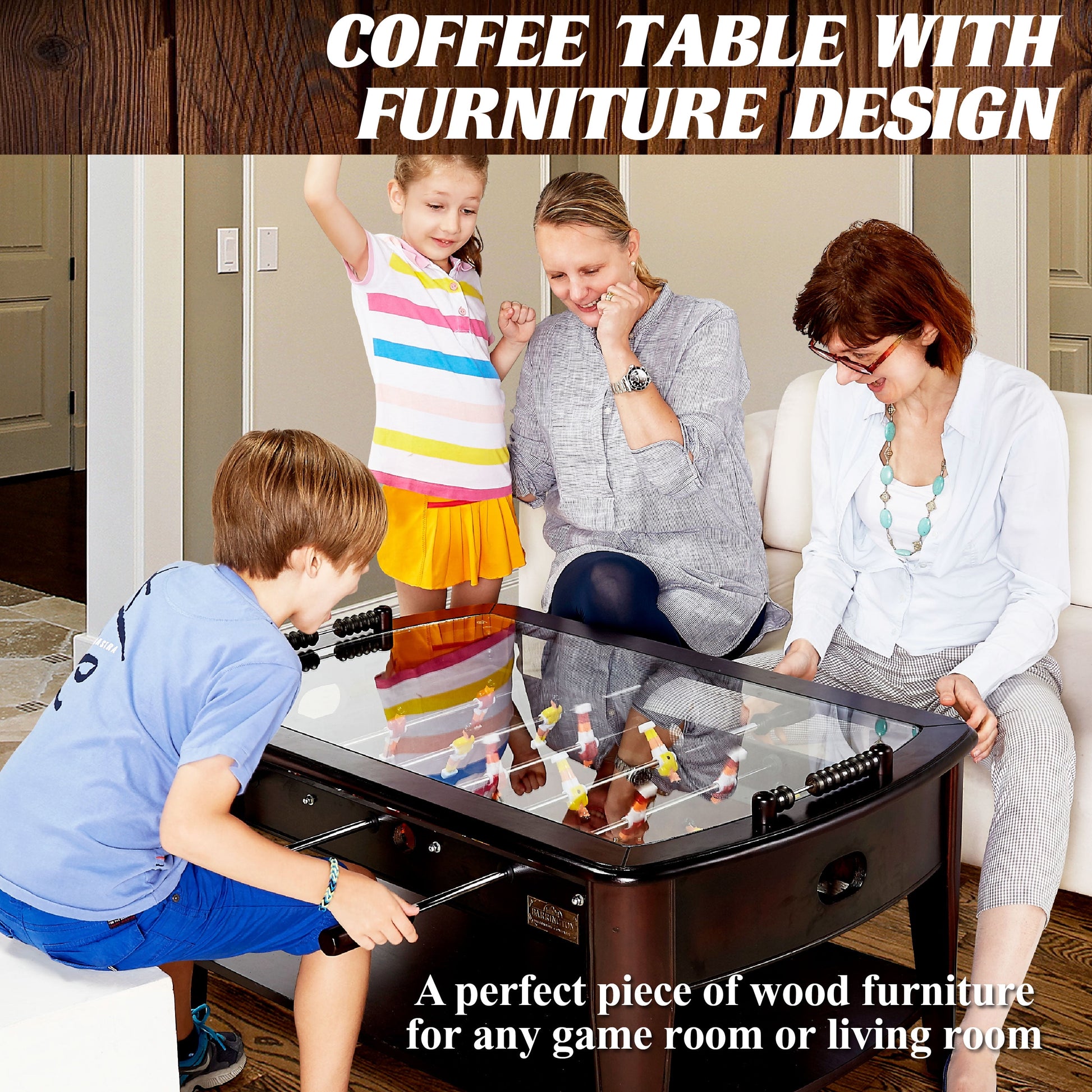 Barrington 42-inch brown foosball coffee table with tempered glass top and lower storage shelf