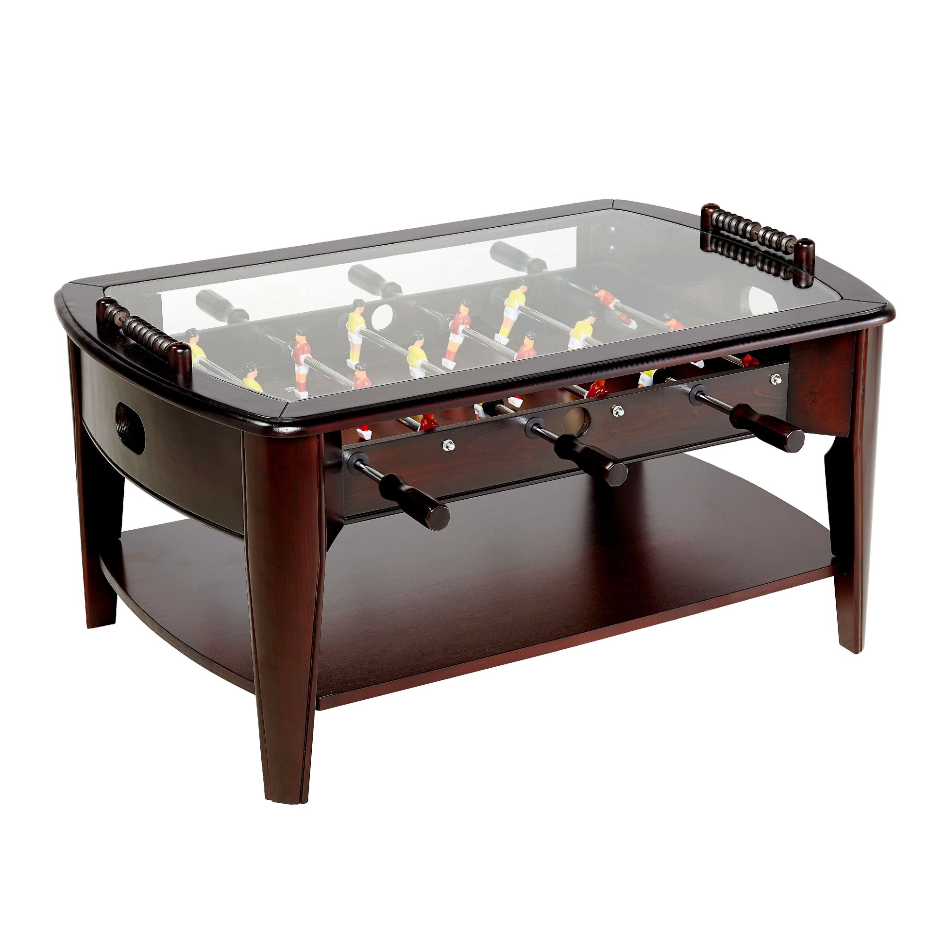 Barrington 42-inch brown foosball coffee table with tempered glass top and lower storage shelf