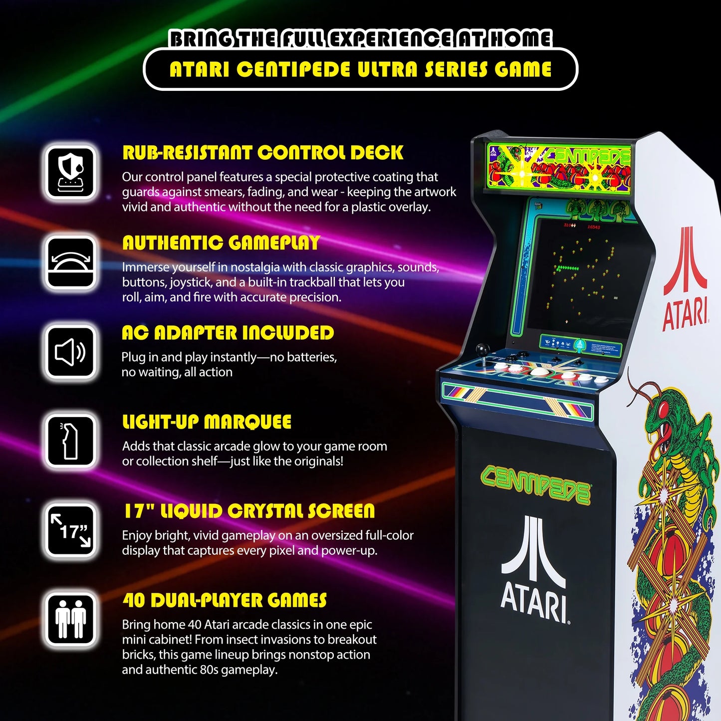 Arcade Classics Atari Centipede full-size arcade machine with 17-inch screen and trackball