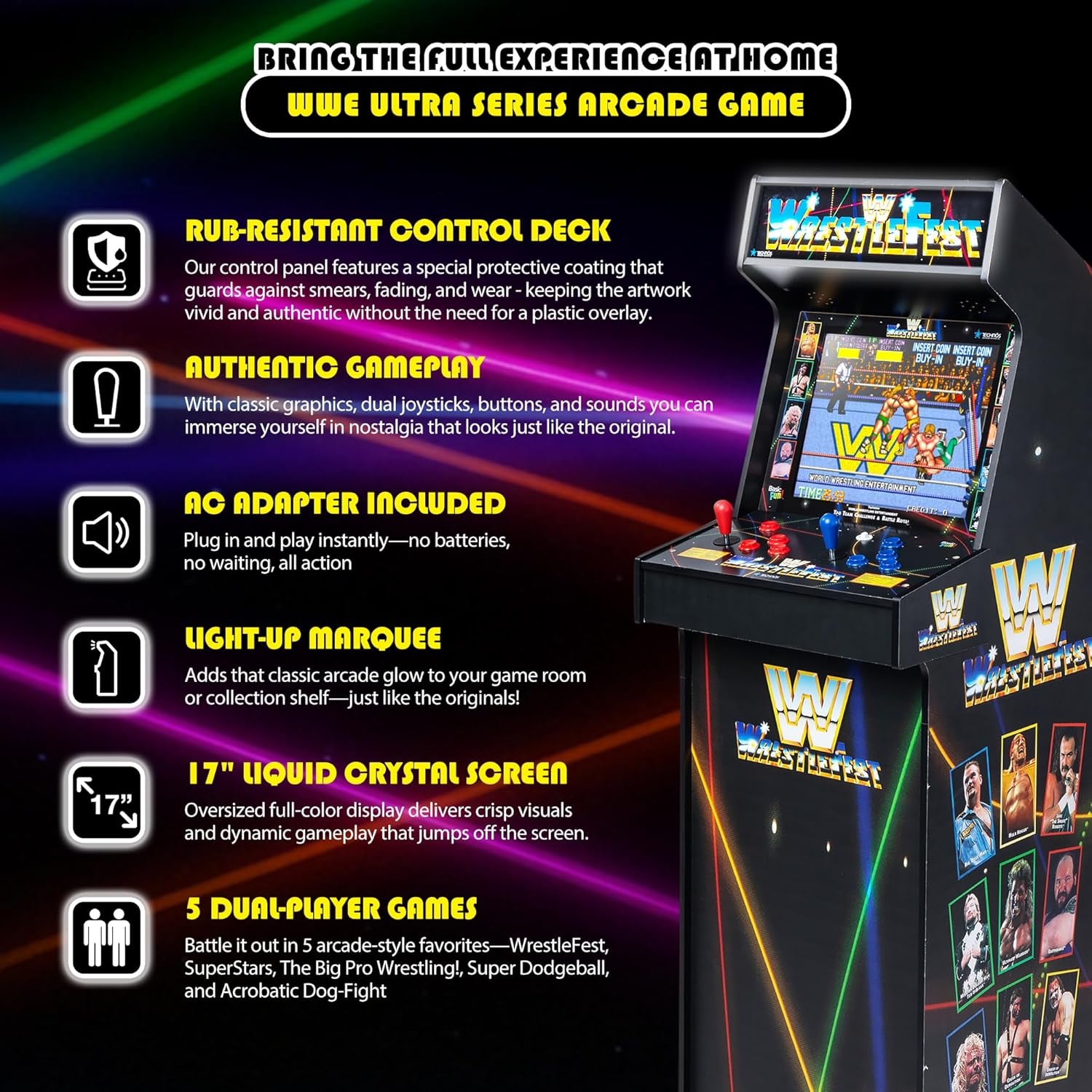 WWE Ultra Series arcade machine with 17-inch display and dual joystick controls