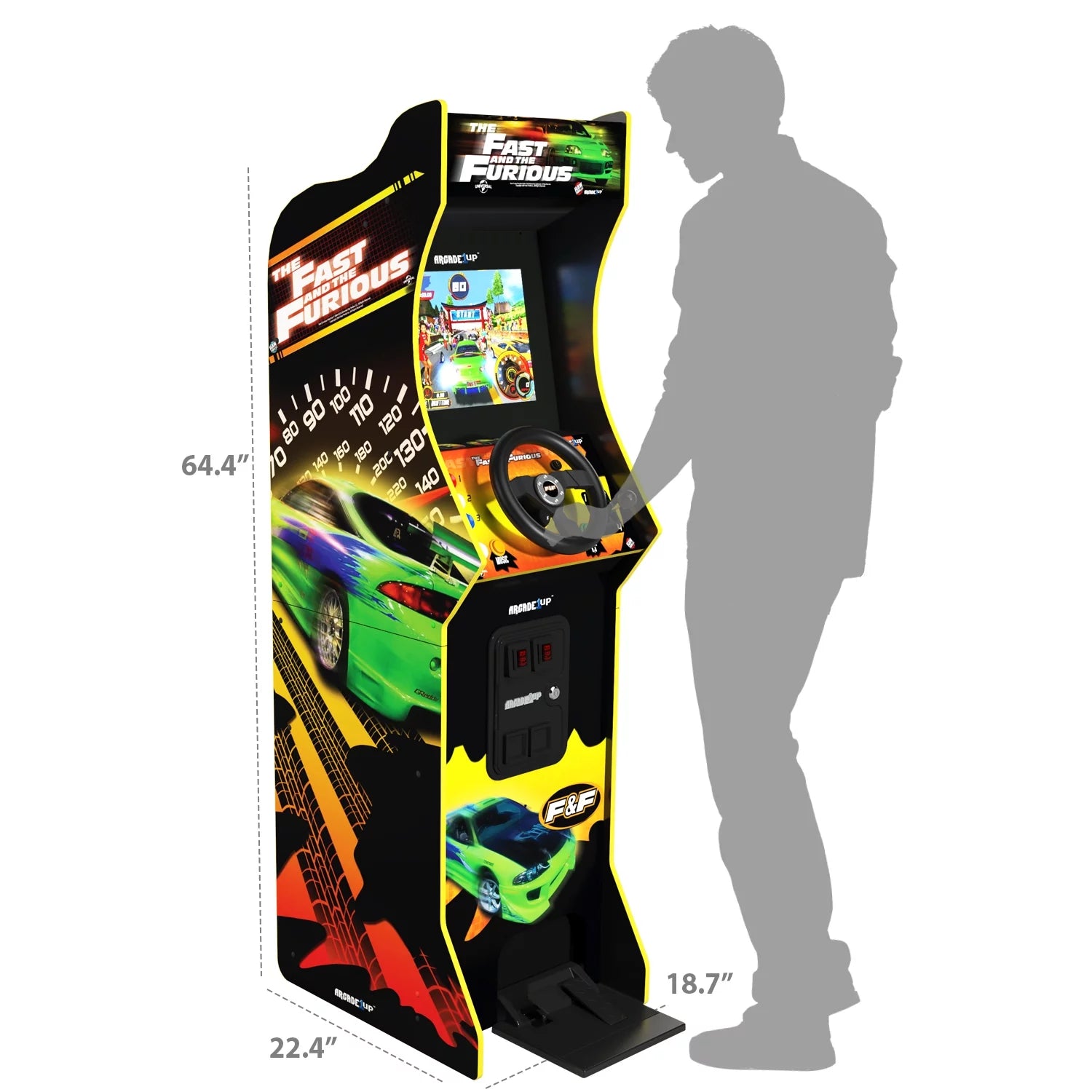 Arcade1Up Fast and Furious Deluxe racing arcade machine with steering wheel and pedals