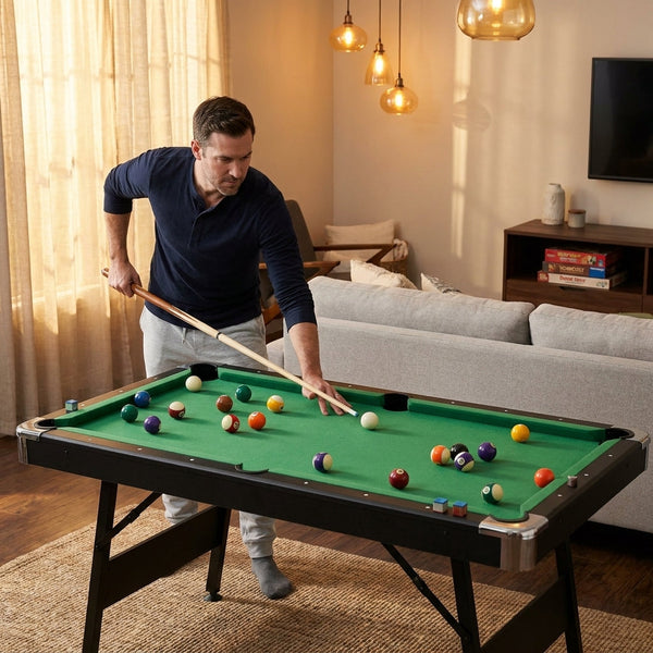Portable Pool Table Built for Family Game Nights, 65.75 Inch Playing Surface, Foldable Steel Frame, Complete Set