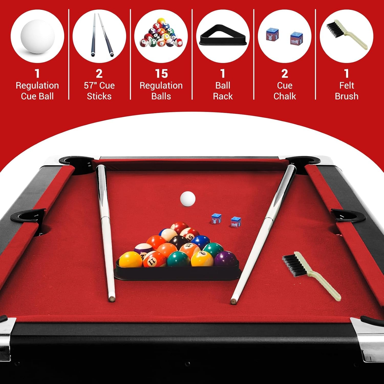 six-foot red foldable pool table with billiard balls, cues and accessories