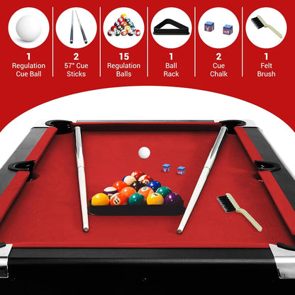 six-foot red foldable pool table with billiard balls, cues and accessories