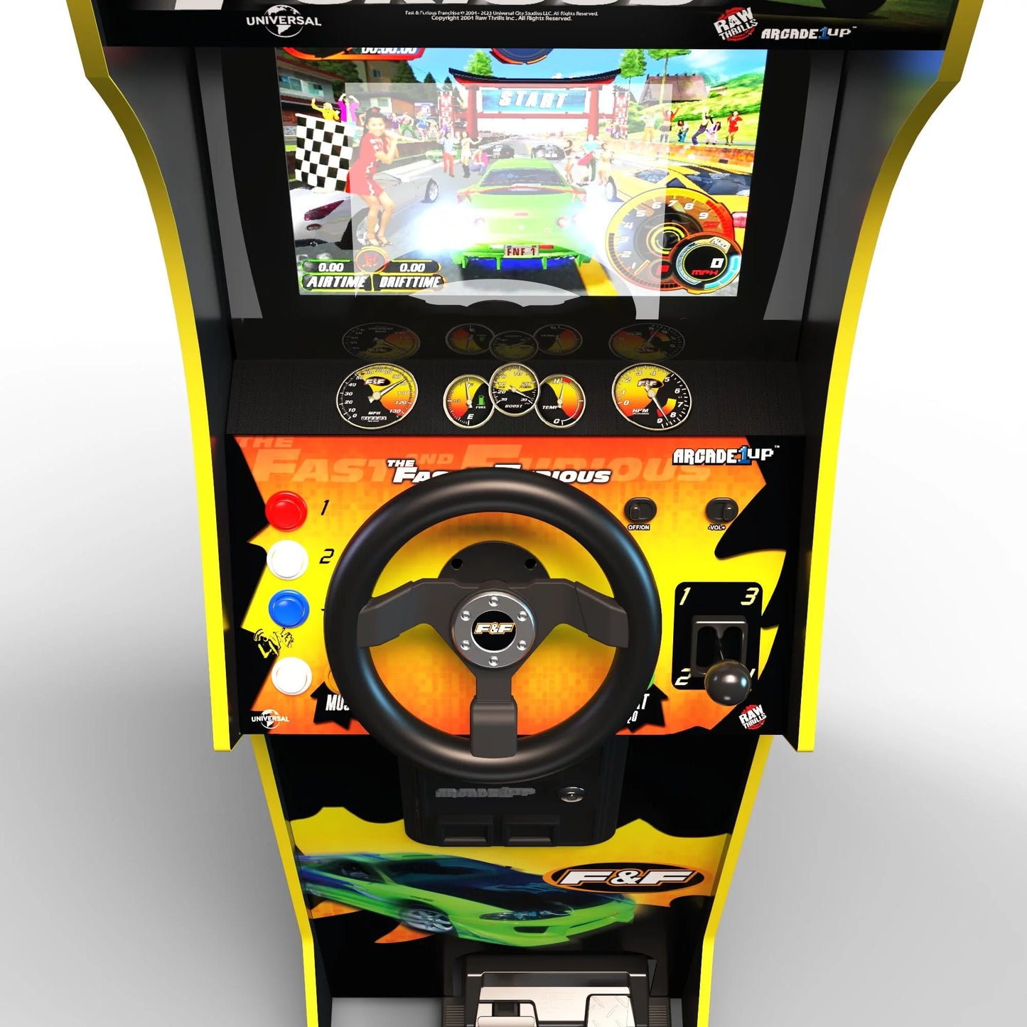 Arcade1Up Fast and Furious Deluxe racing arcade machine with steering wheel and pedals