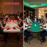 8 Player Oval Foldable Poker Tables, Casino Style Card Table with 8 Cup Holders & Non-Slip Feet, Portable Game Table for Texas Holdem, Blackjack & Dominoes, Perfect for Living Room (Green) — Before & After