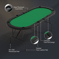 8 Player Oval Foldable Poker Tables, Casino Style Card Table with 8 Cup Holders & Non-Slip Feet, Portable Game Table for Texas Holdem, Blackjack & Dominoes, Perfect for Living Room (Green) — infographic