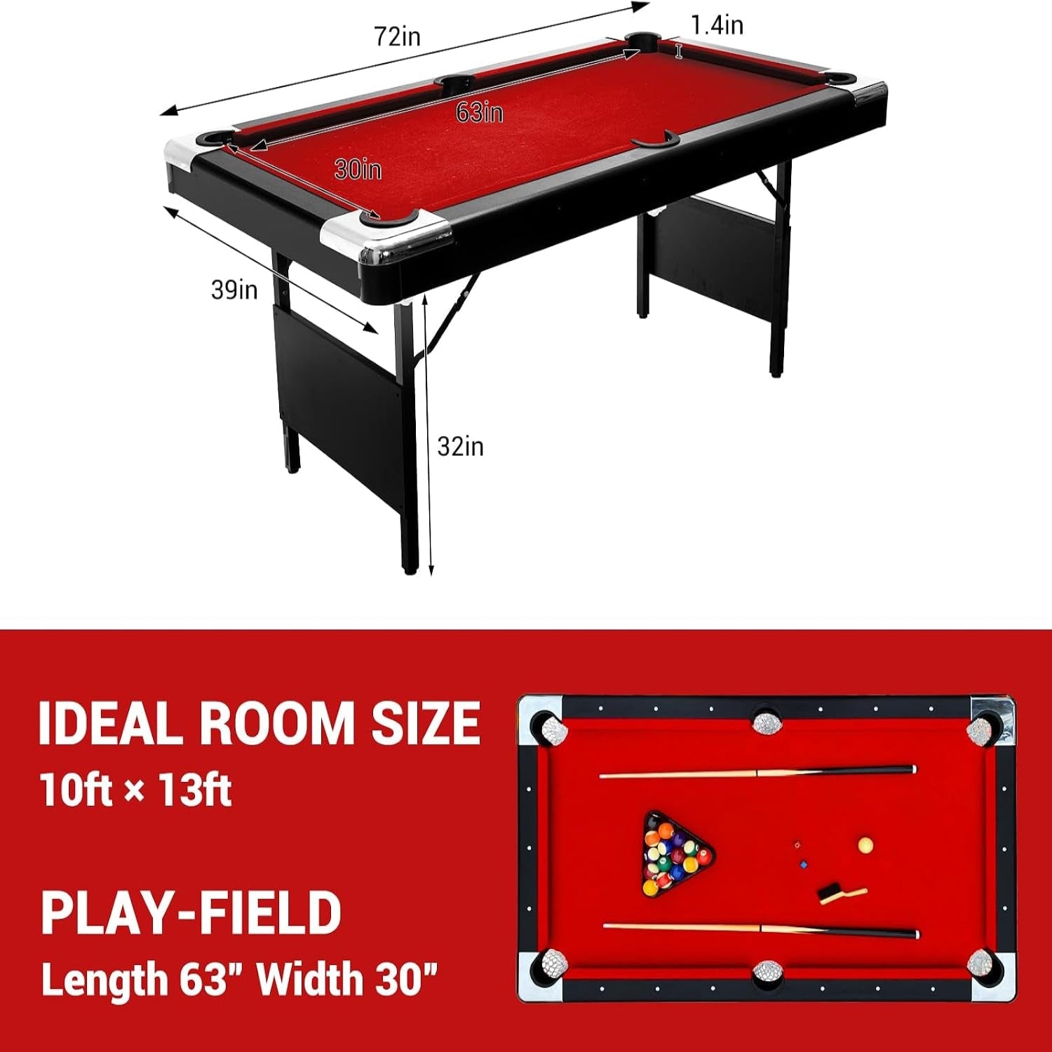 six-foot red foldable pool table with billiard balls, cues and accessories