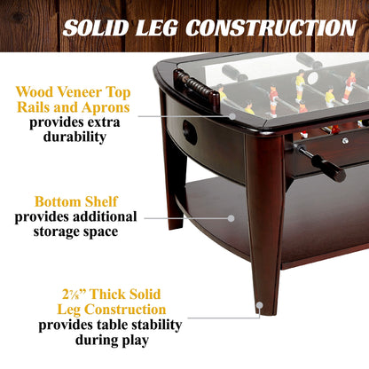Barrington 42-inch brown foosball coffee table with tempered glass top and lower storage shelf