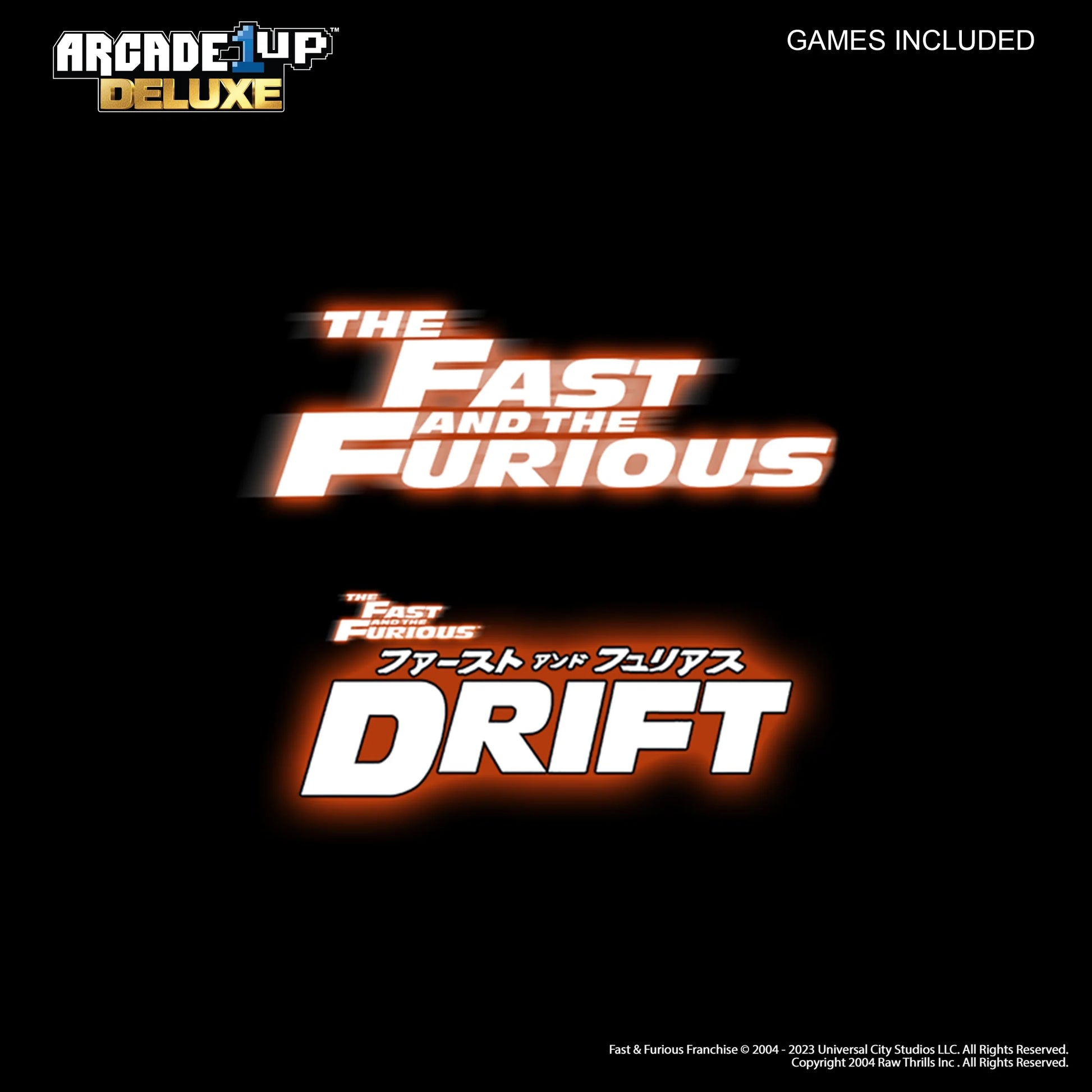 Arcade1Up Fast and Furious Deluxe racing arcade machine with steering wheel and pedals