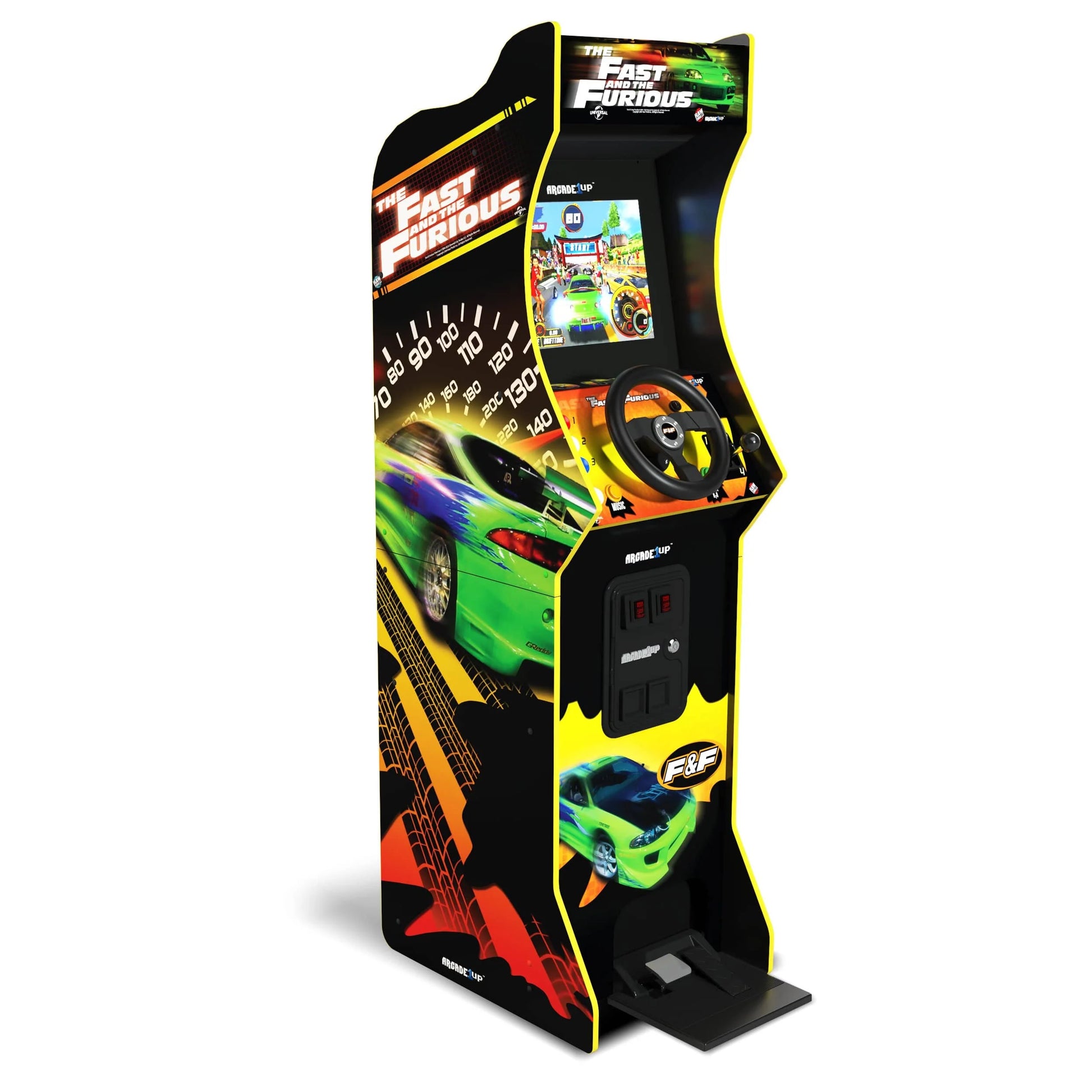 Arcade1Up Fast and Furious Deluxe racing arcade machine with steering wheel and pedals