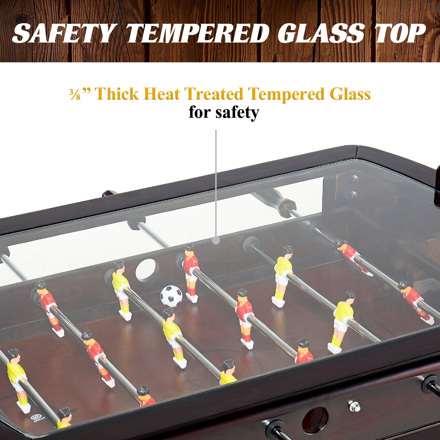 Barrington 42-inch brown foosball coffee table with tempered glass top and lower storage shelf