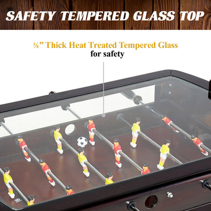 Barrington 42-inch brown foosball coffee table with tempered glass top and lower storage shelf