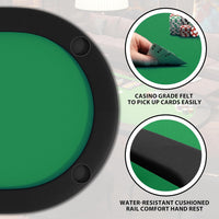 green eight-player foldable oval poker table with padded rail and cupholders
