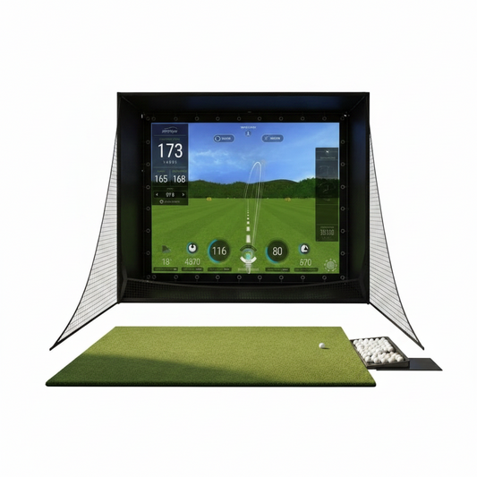 11 by 8 foot golf simulator enclosure with impact screen, blackout cage and safety side nets