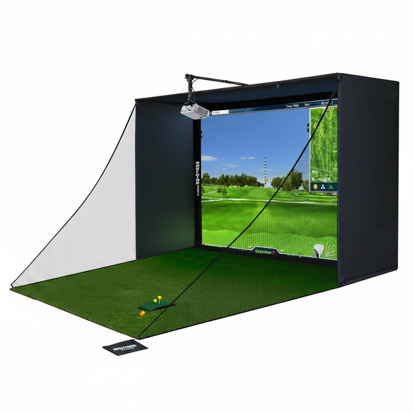 complete golf simulator enclosure with 4K-ready impact screen, projector mount and side nets