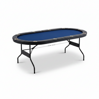 84-inch blue foldable poker table with padded rail and ten stainless-steel cupholders