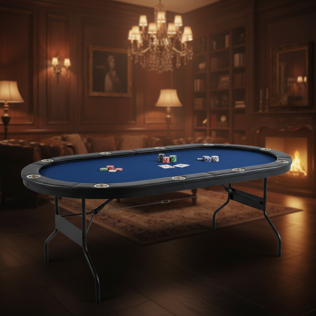 84-inch blue foldable poker table with padded rail and ten stainless-steel cupholders