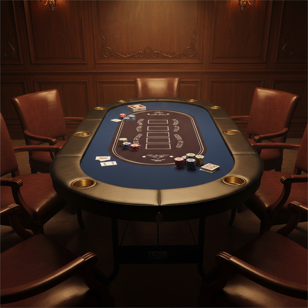 8 Player Foldable Poker Table, Blackjack Texas Holdem Poker Table with Padded Rails and Stainless Steel Cup Holders, Portable Folding Card Board Game Table, 72 Oval Casino Leisure Table, Blue